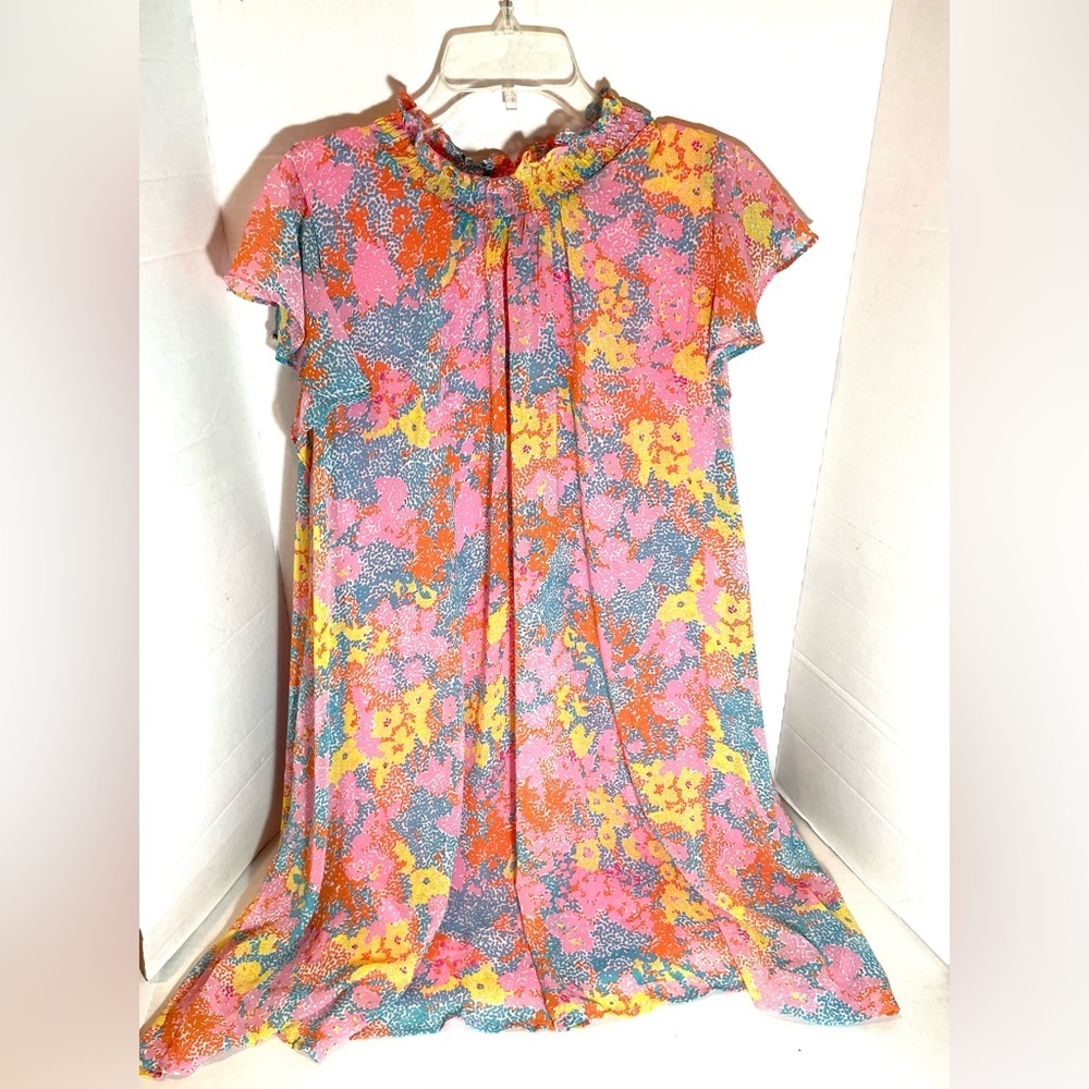 Umgee Floral Boho Shift Dress Size Large Pink Ruffle Neck Flowy Boutique - Picture 2 of 9